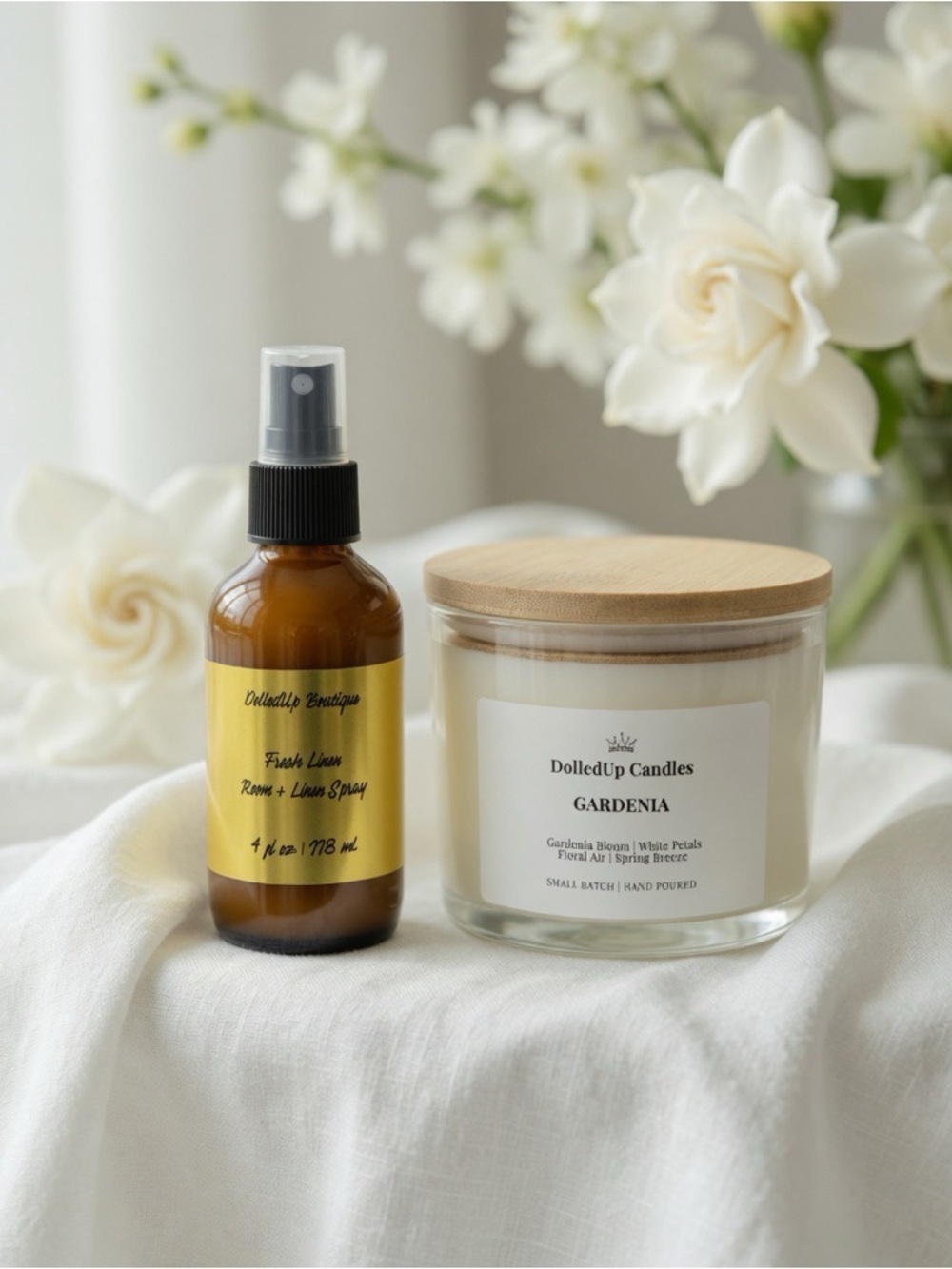 Gardenia Linen Sanctuary Set | 16oz Gardenia Candle + Linen Room Spray - Picture 2 of 3